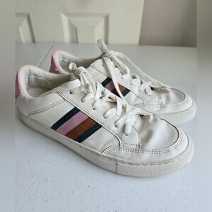 J. Crew Stylish White Sneakers with Pink and Brown Stripes Size 8.5